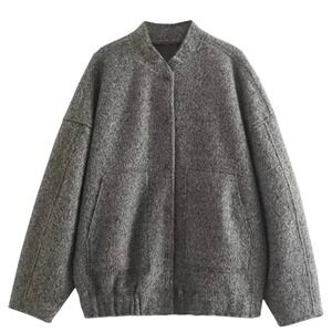 Women's Bomber Jacket Y2k Tweed Button Faux Wool And Blends Outerwear